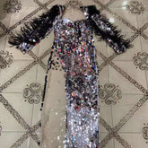 Maxi-Bodycon-Kleid mit eckigem Kragen, langen Ärmeln und Pailletten